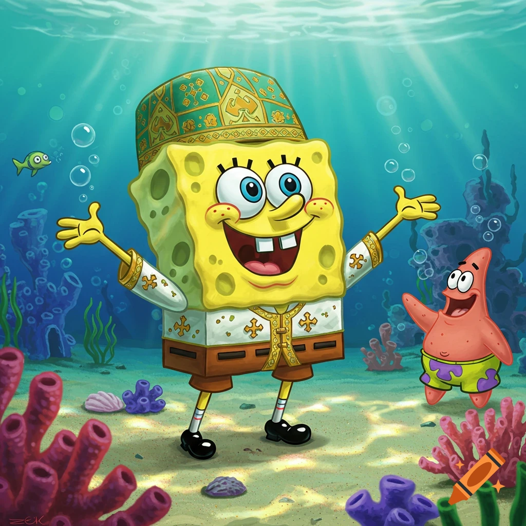 Spongebob in a green and gold patterned hat and tunic, arms wide, standing underwater with Patrick Star. Cartoon style.