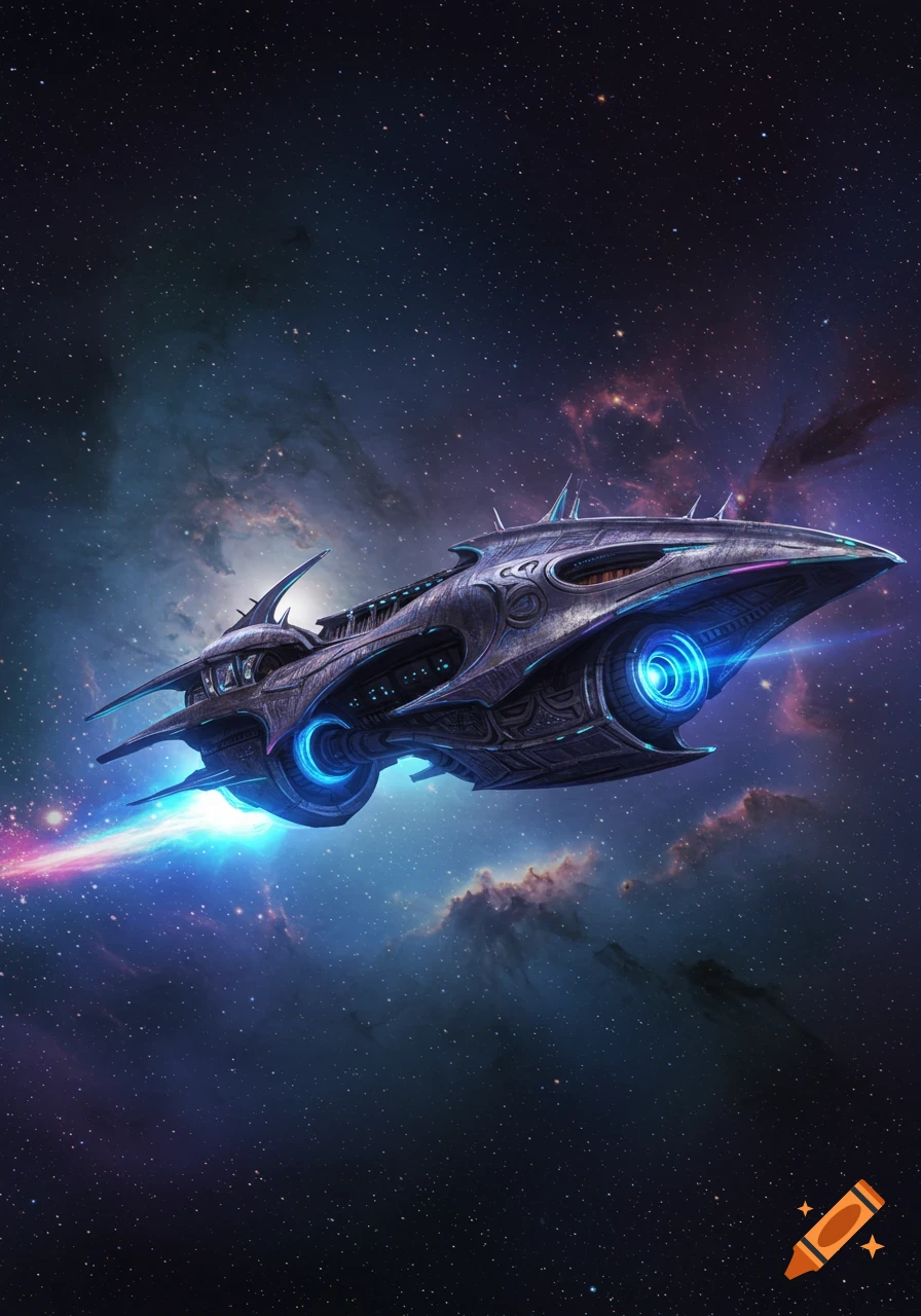 A detailed, futuristic dark gray spaceship with glowing blue thrusters flies through a starry nebula in deep space.