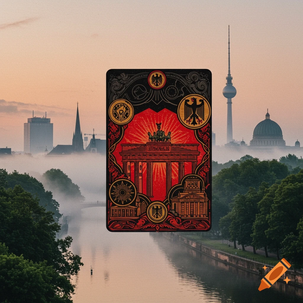 A stylized red and gold card featuring the Brandenburg Gate and German eagles floats over a foggy Berlin cityscape with the TV Tower and a river.