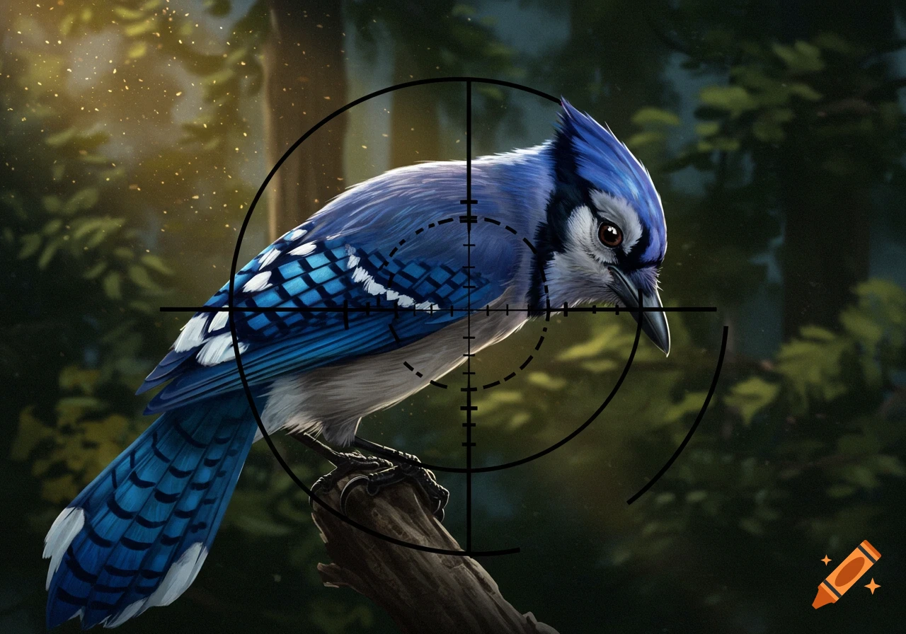 A detailed illustration of a blue jay bird perched on a branch, viewed through sniper crosshairs.