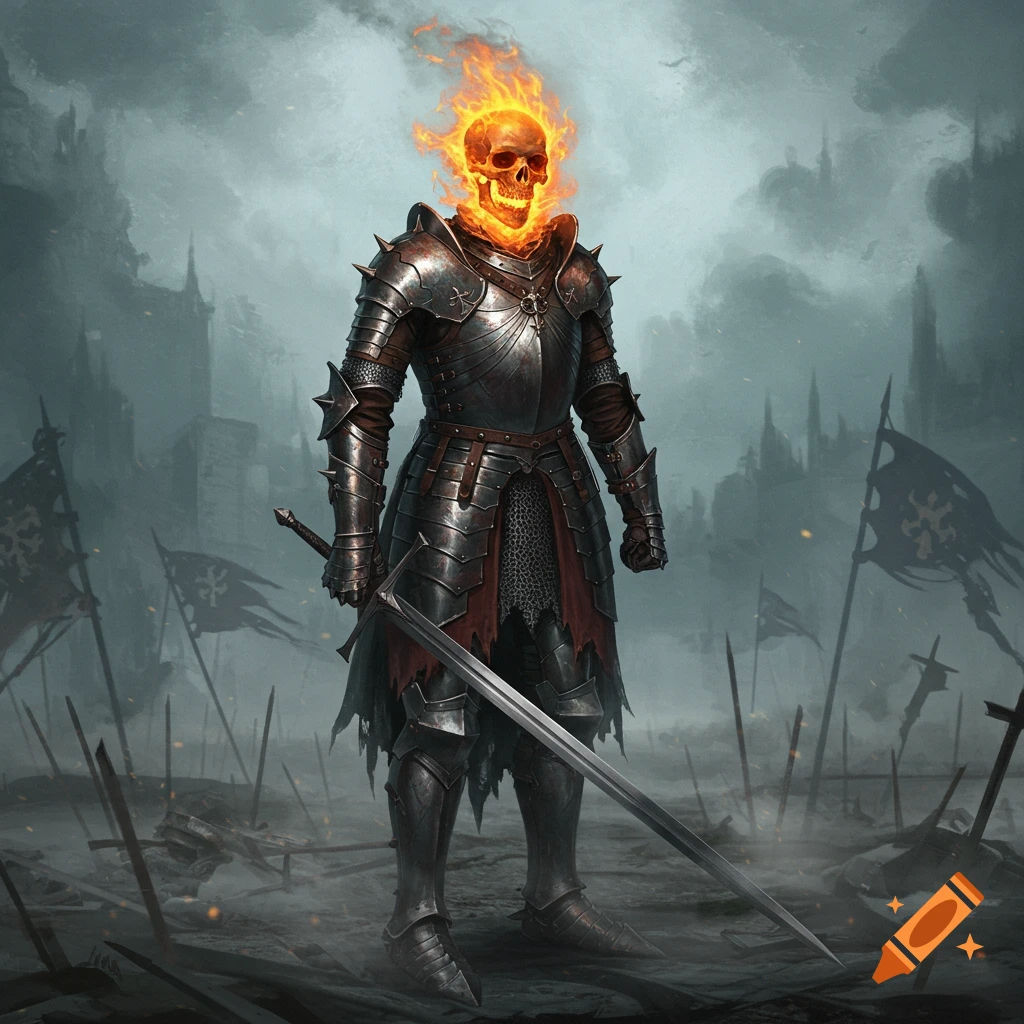 A dark fantasy armored knight with a flaming skull head stands on a misty battlefield with a sword, a castle in the background.