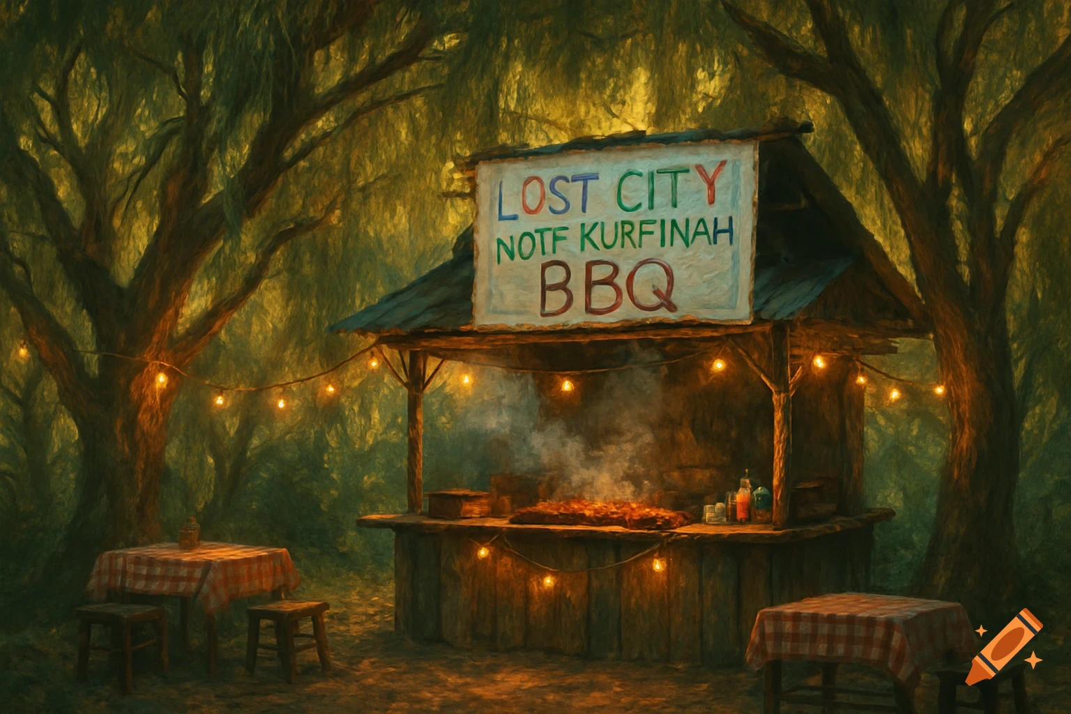 A BBQ food stand with string lights in a dark, dense forest, featuring a sign 'LOST CITY NOTF KURFINAH BBQ'.
