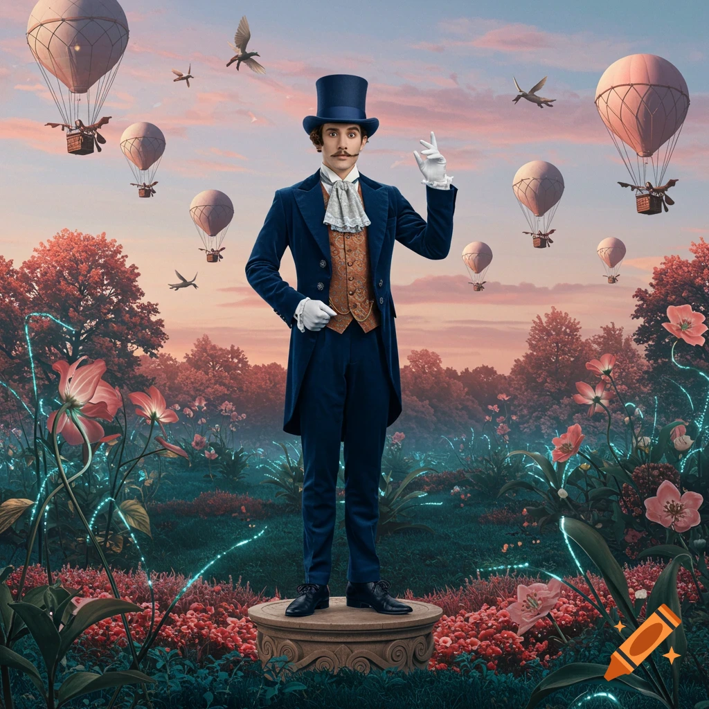 A man in a blue dandy suit and top hat stands on a pedestal in a whimsical landscape with hot air balloons and glowing plants.