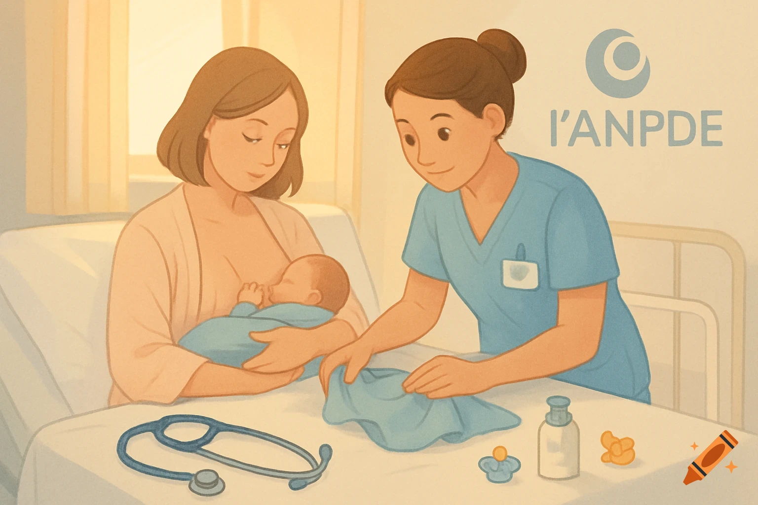 An illustration of a mother breastfeeding her baby in a hospital bed, with a nurse attending and medical items on a table.