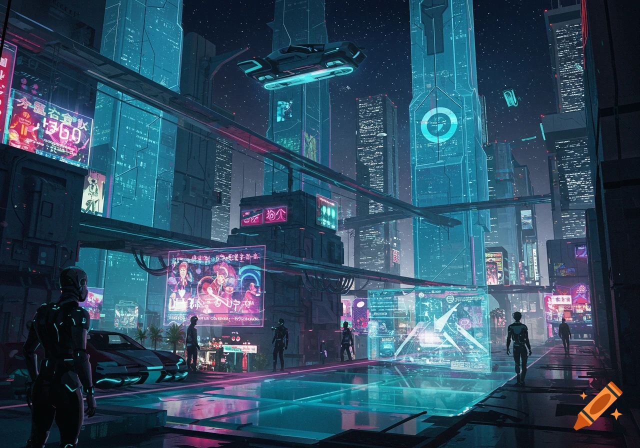 A vibrant cyberpunk city at night with neon lights, towering skyscrapers, flying vehicles, and stylized figures on illuminated streets.
