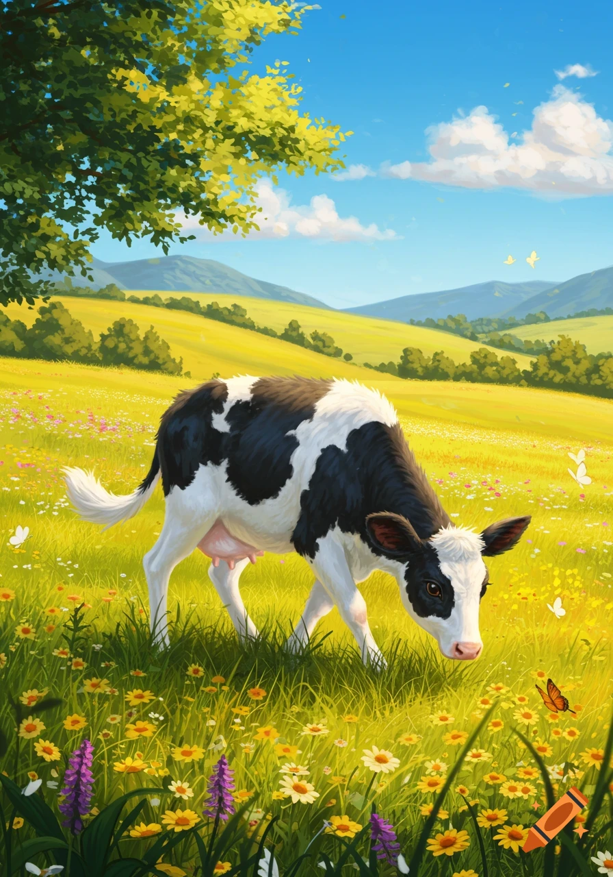 A black and white cow grazes in a vibrant green meadow filled with yellow and purple wildflowers under a blue sky with clouds, in an illustrative style.