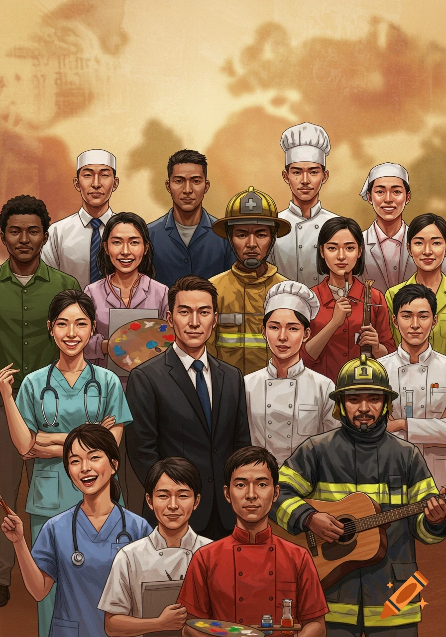A vibrant illustration featuring a diverse group of people in various professional uniforms, including doctors, chefs, a firefighter, and an artist.