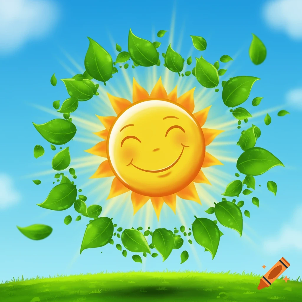 A smiling cartoon sun with green leaves swirling around it, set against a blue sky with clouds and green grass.