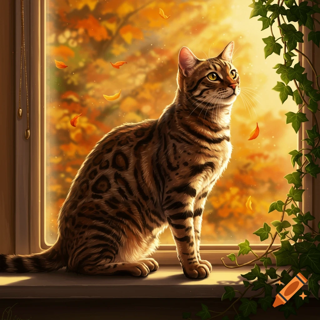 A Bengal cat sits on a windowsill bathed in golden light, looking out at a vibrant autumn scene with falling leaves.