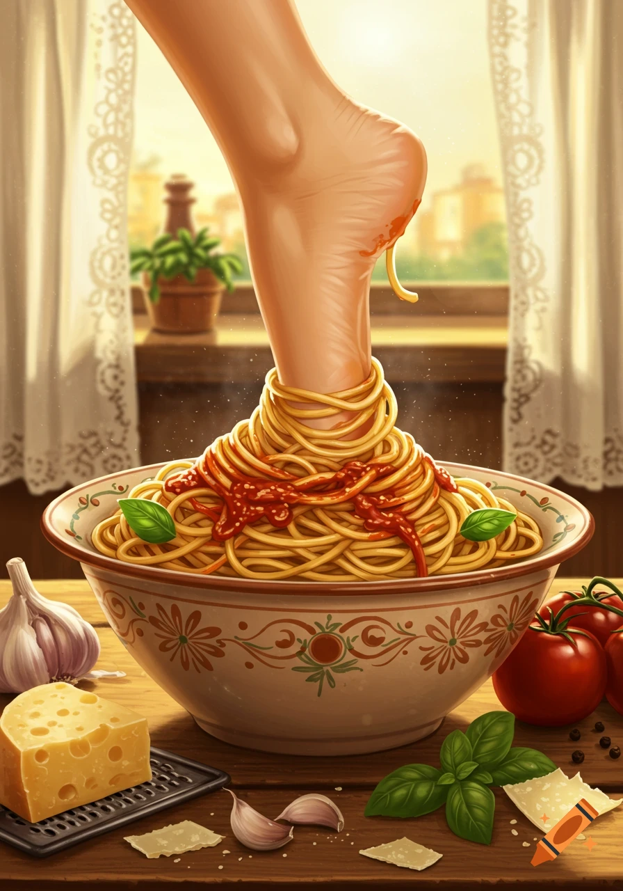 An illustration of a bare human foot submerged in a bowl of spaghetti with tomato sauce and basil leaves on a wooden table with ingredients.