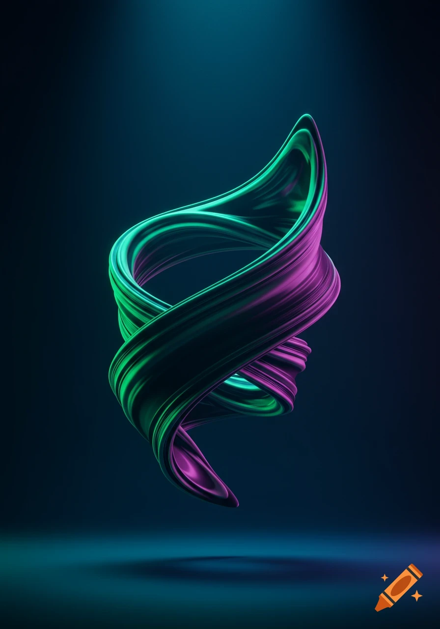 Sleek, iridescent green and purple twisted ribbon sculpture glowing against a dark blue background.