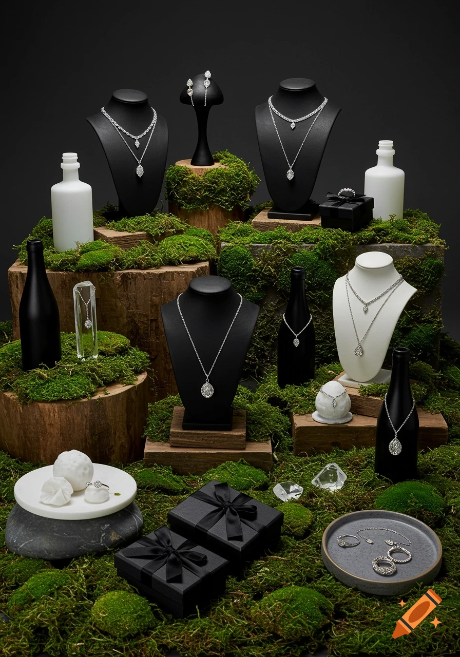 Photorealistic jewelry display with silver necklaces, earrings, rings on black stands, wood logs, moss, black gift boxes, and bottles.