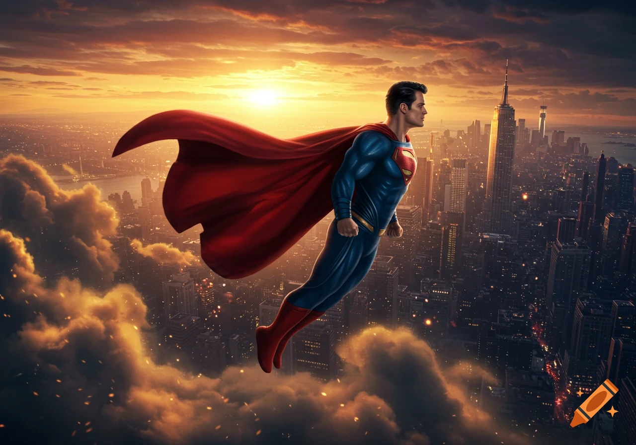 Superman flying high above a cityscape with a vibrant orange and yellow sunset in the background, surrounded by clouds.