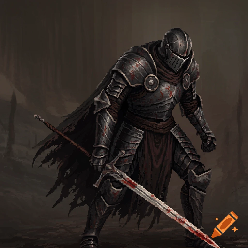 A pixel art knight in dark, blood-stained armor, holding a long sword, stands in a dark, muted forest.