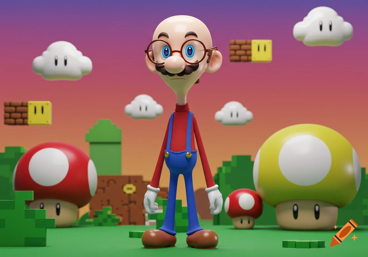 A skinny, bald Super Mario wearing glasses and overalls stands in a 3D rendered landscape with mushrooms, blocks, and clouds.