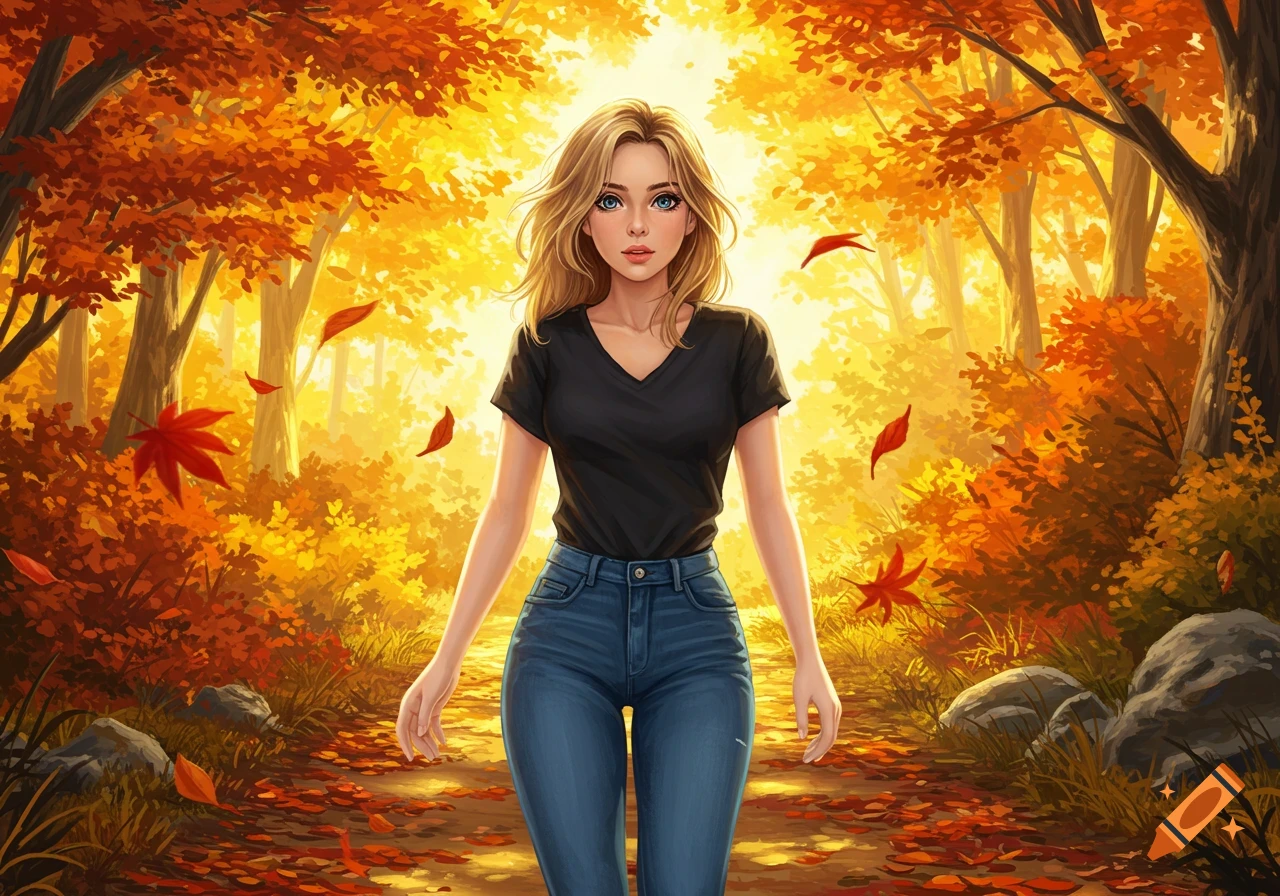 A young woman walks down a leaf-covered path in a vibrant, golden autumn forest, in a Studio Ghibli art style.