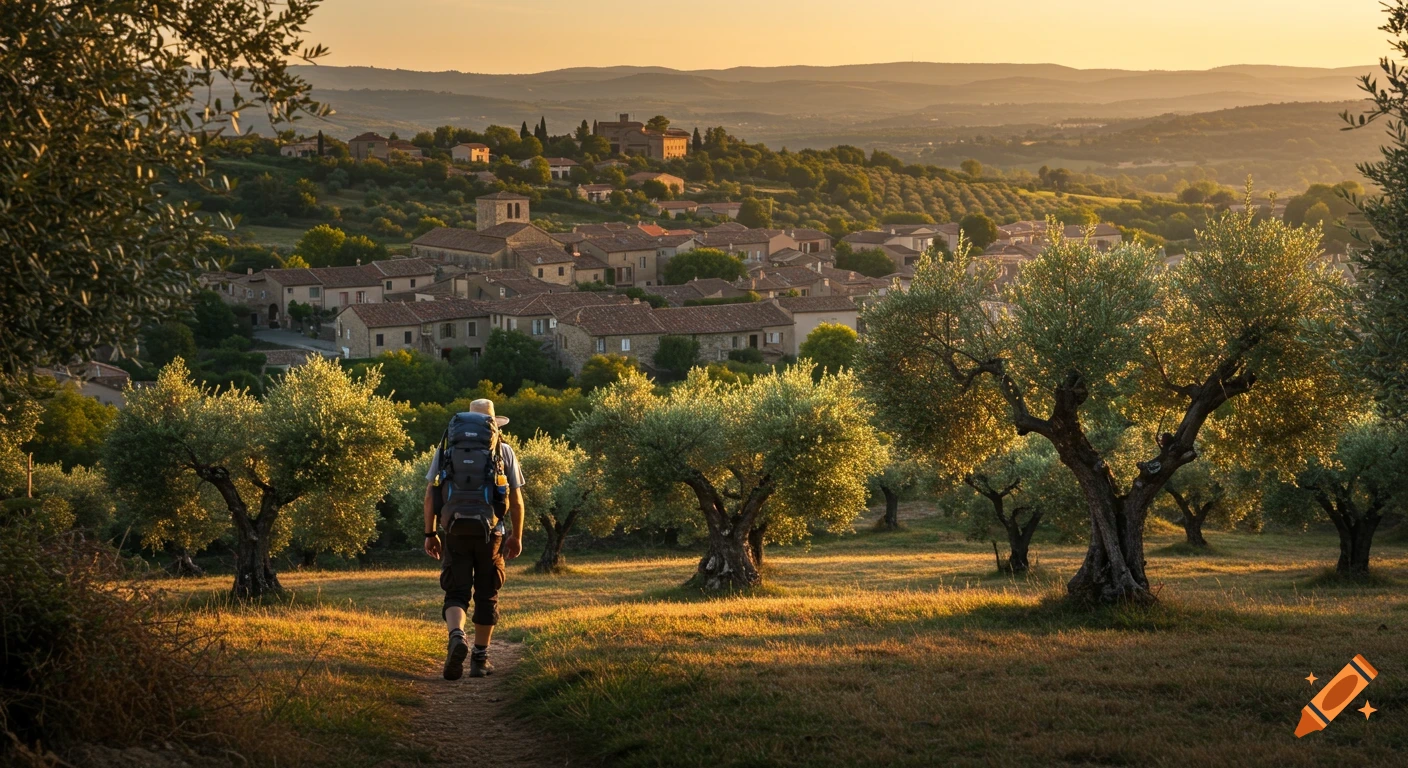 Photorealistic view of a hiker with a backpack walking through an olive grove towards a rustic village at sunset.