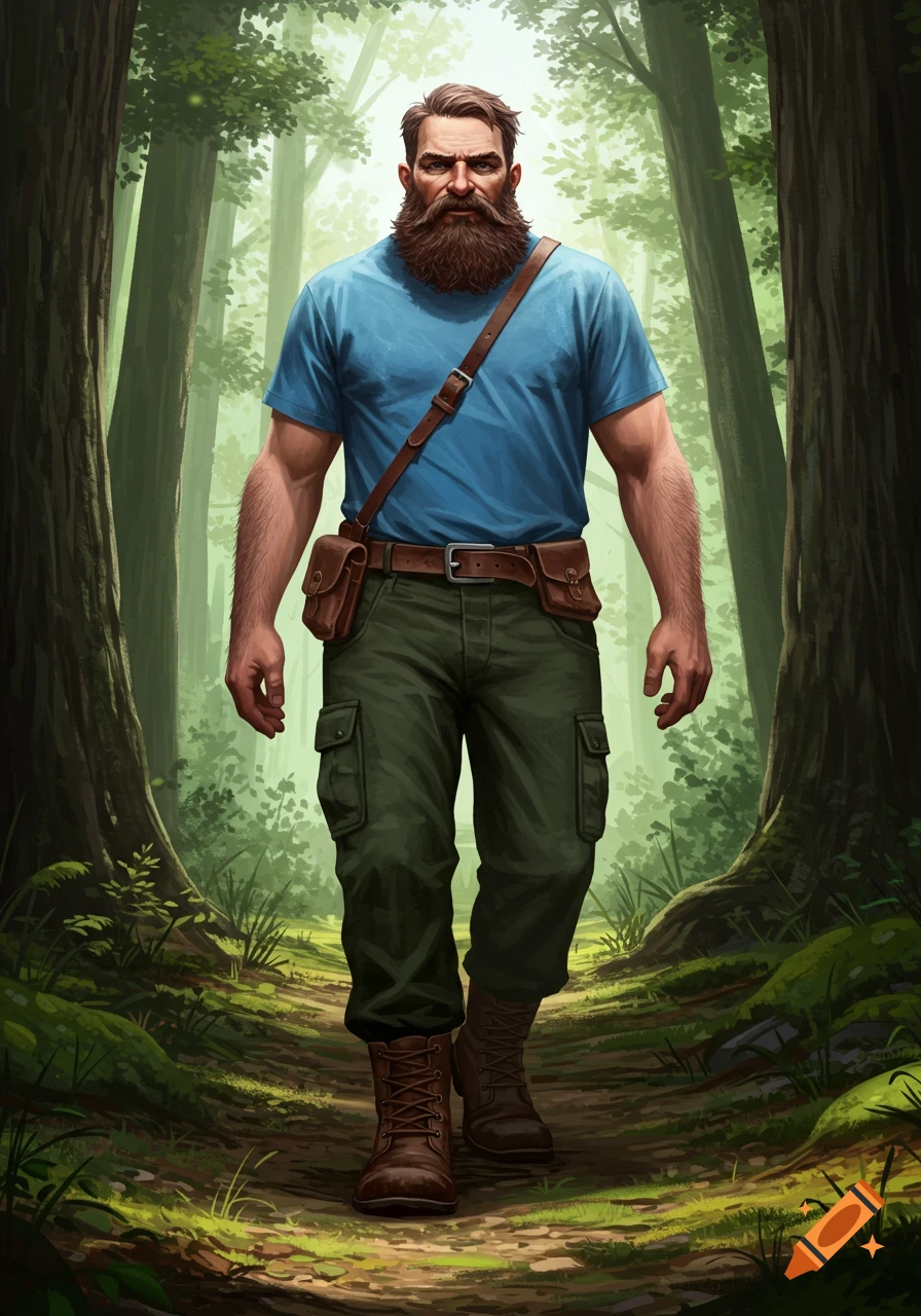 A bearded man in a blue t-shirt and green cargo pants walks on a forest path, illustrated in a digital art style.