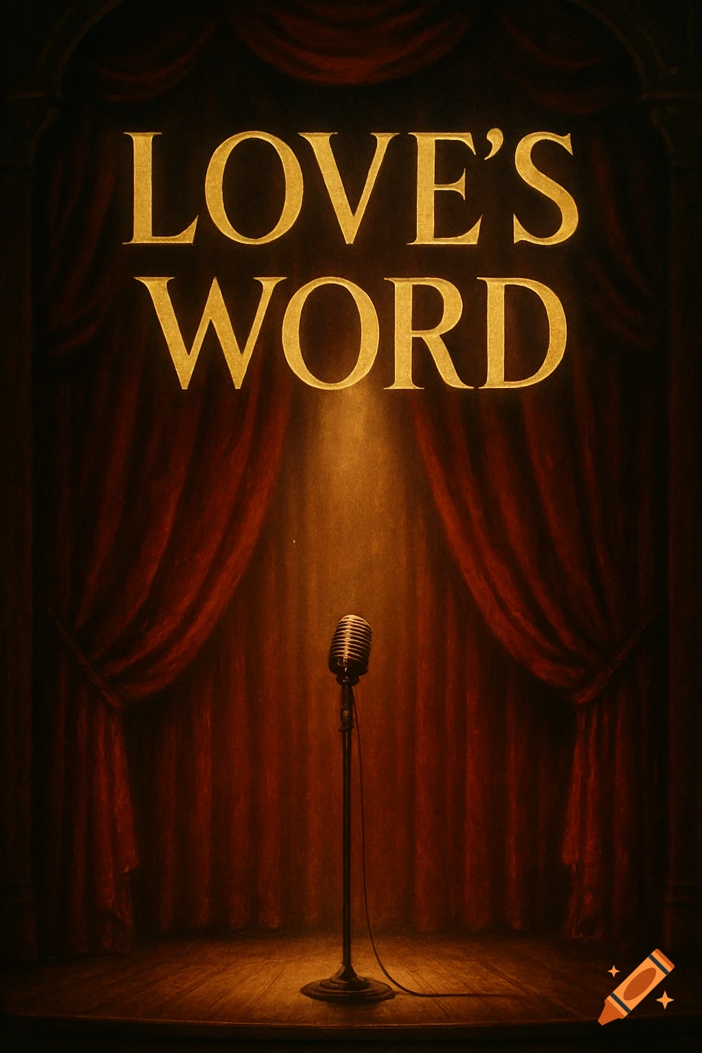 A vintage microphone stands on a spotlighted wooden stage with heavy red curtains. Above, golden text reads "LOVE'S WORD".