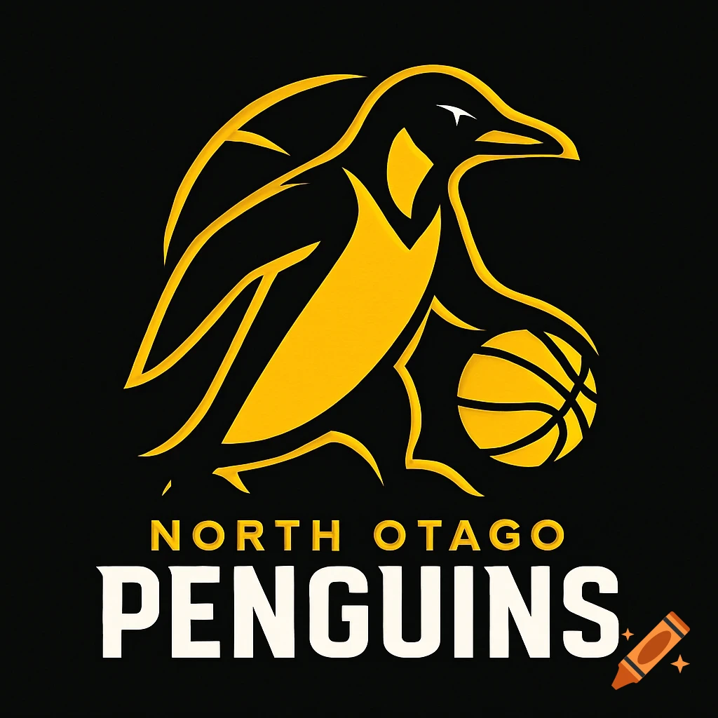 Black and yellow logo featuring a stylized penguin holding a basketball, with "NORTH OTAGO PENGUINS" text below.