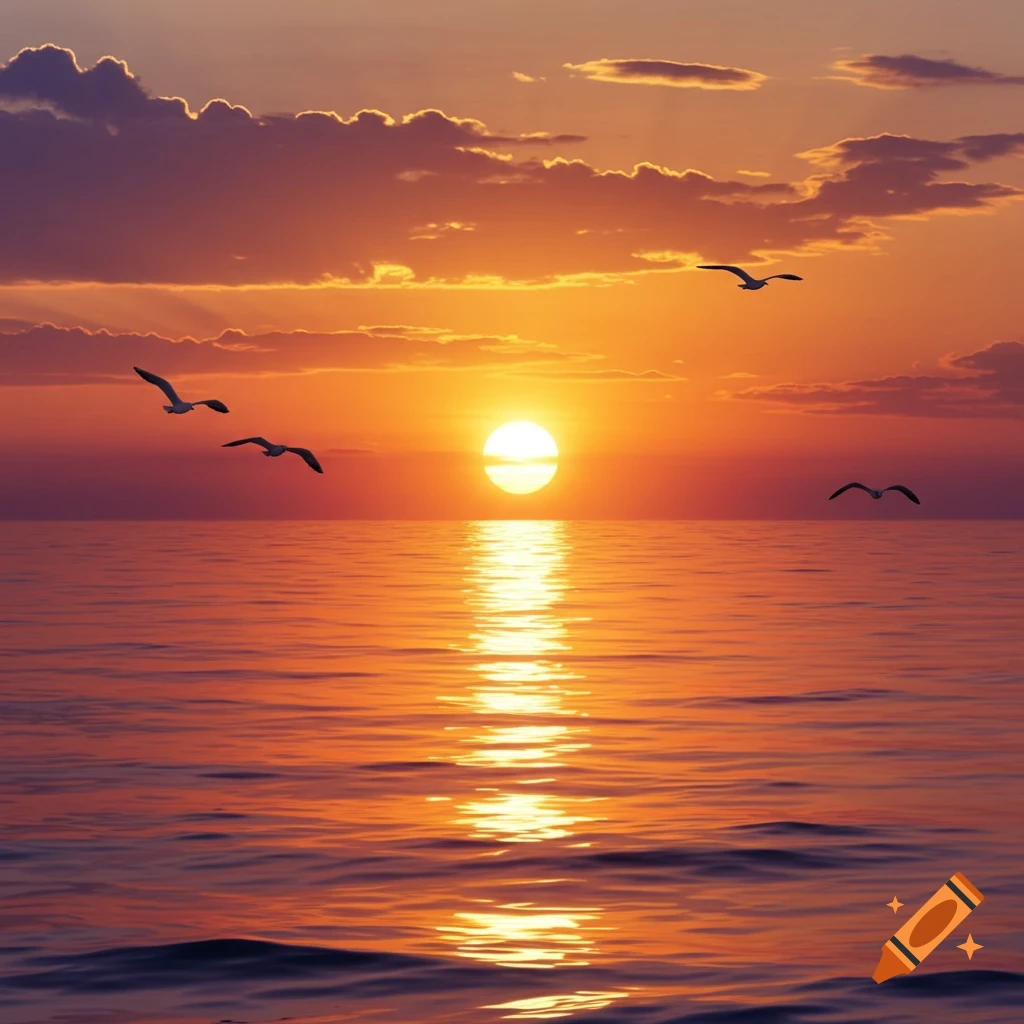 Photorealistic sunset over calm sea. Bright sun reflects on water, creating golden path. Seagulls fly in warm orange, pink, violet sky.