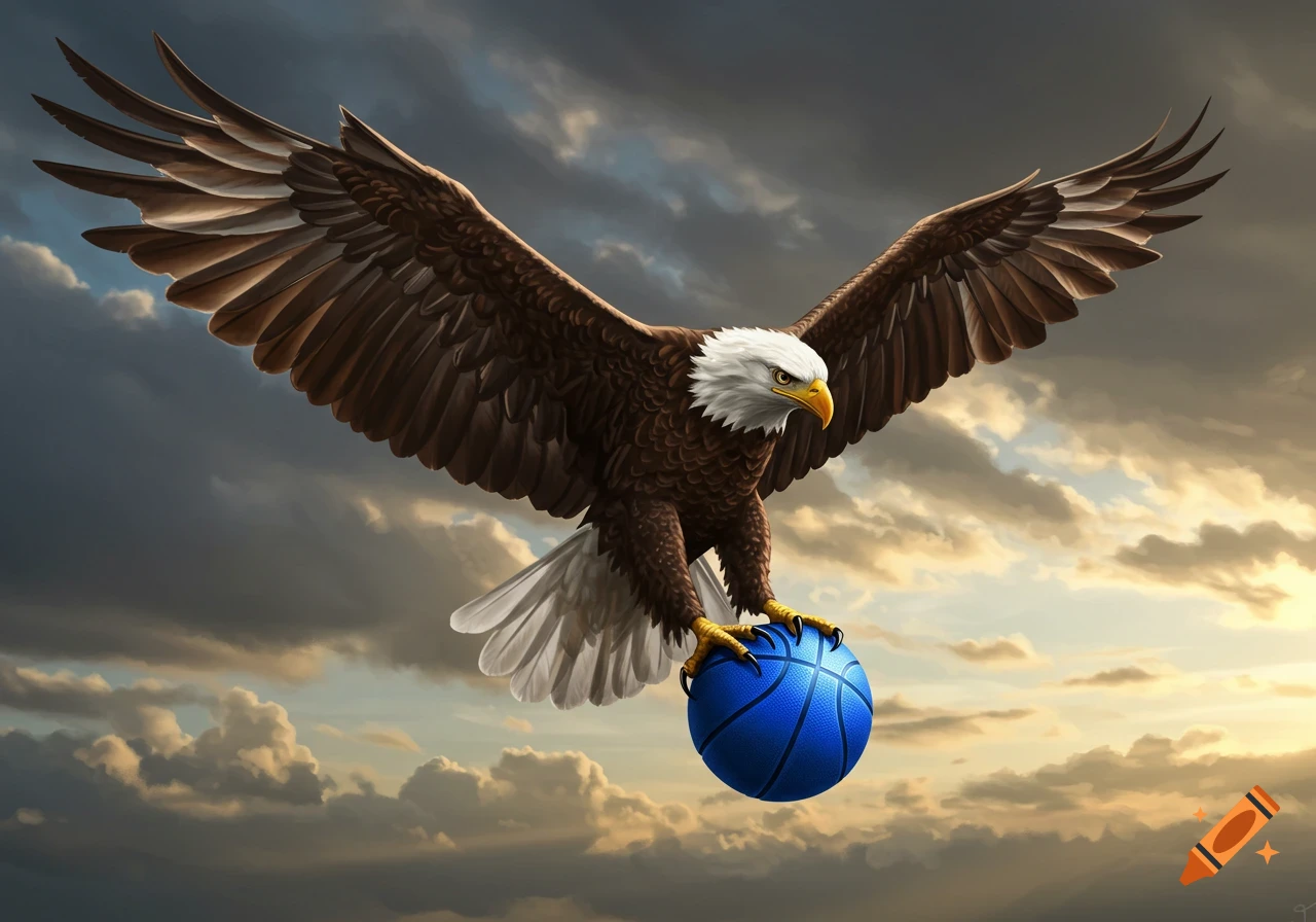 A majestic bald eagle with outstretched wings carries a blue basketball in its talons, soaring against a dramatic, cloudy sky.