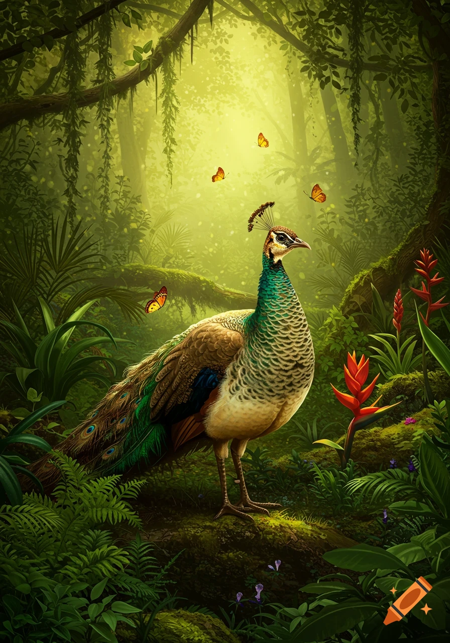 A peahen stands in a sunlit, vibrant green jungle with red tropical flowers and yellow butterflies, digital art style.