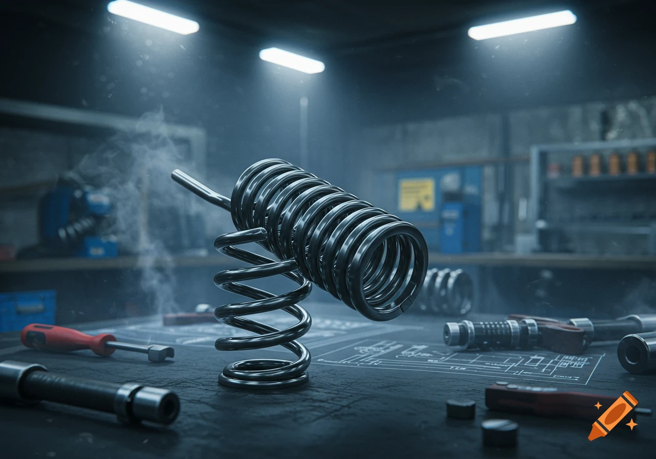 A large metallic torsion spring stands on a blueprint-covered workbench in a dimly lit workshop, surrounded by tools.