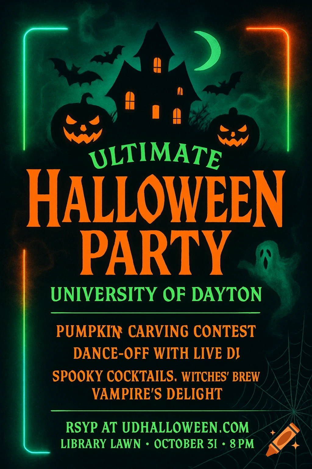 A vibrant Halloween party flyer featuring a haunted house, jack-o'-lanterns, bats, and event details on a dark background.