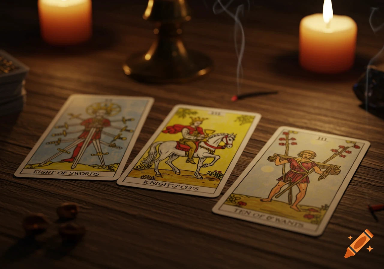 Three tarot cards, Eight of Swords, Knight of Cups, and Ten of Q Wands, laid out on a wooden table with lit candles and smoking incense in a dimly lit setting.