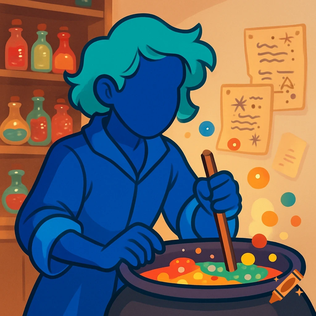 A blue cartoon alchemist with teal hair stirs a bubbling cauldron in a laboratory with colorful potions and magical scrolls.