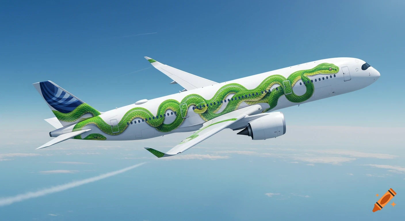 Photorealistic white airplane with a detailed green mamba snake design flying in a clear blue sky.