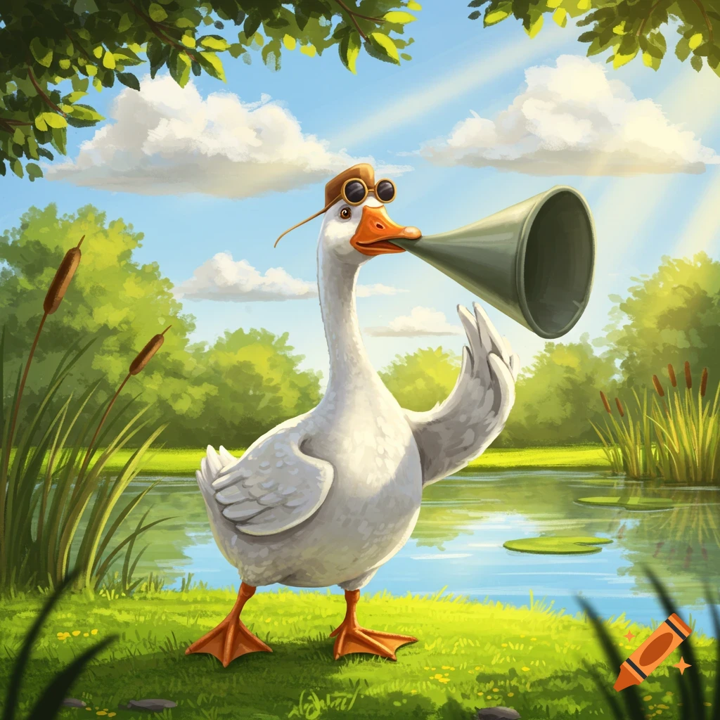 A playful goose wearing pilot goggles and a hat, holding an airhorn by a sunny pond surrounded by lush green trees and reeds, in an illustrative style.