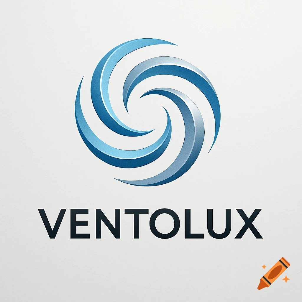 A modern logo featuring a blue and silver swirling spiral above the bold word 'VENTOLUX' on a white background.