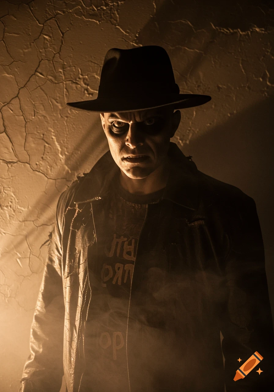 A man in a fedora and a distressed leather jacket glares intensely at the viewer from a dimly lit, smoky room with a cracked wall, exuding a scary, vintage aesthetic.
