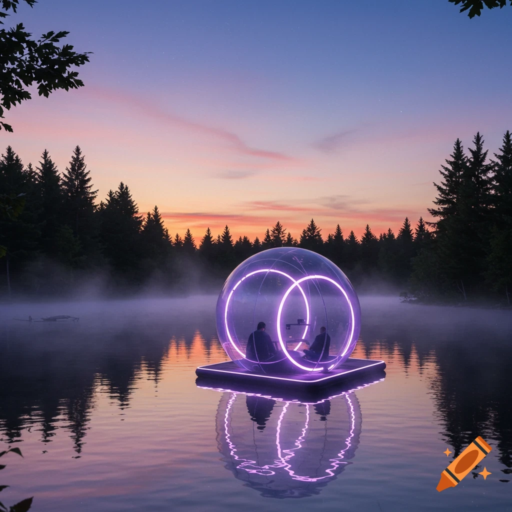 A transparent, futuristic bubble pod with purple LED lights floats on a misty lake at sunset, surrounded by a forest. Two figures are inside.