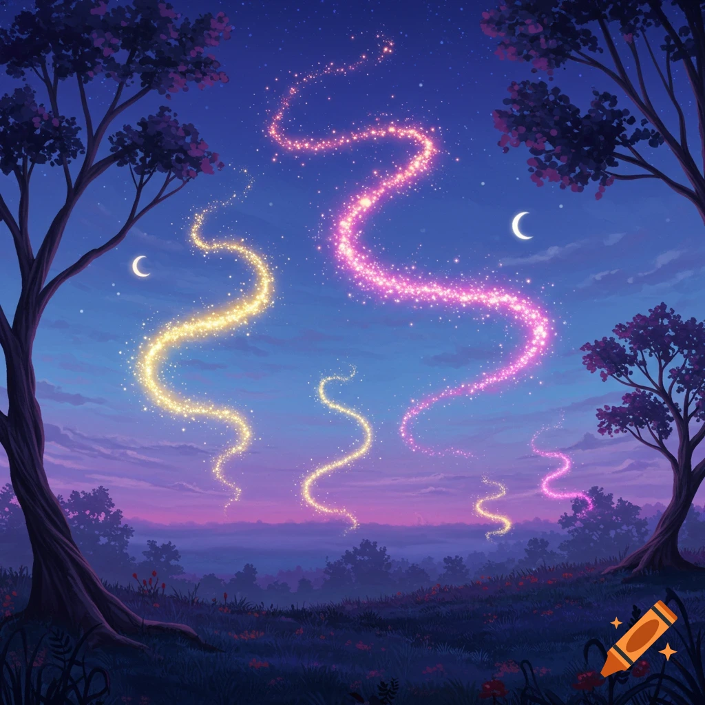A fantasy night landscape with trees, a field, and glowing pink and yellow magical light trails in a dark blue and purple sky.