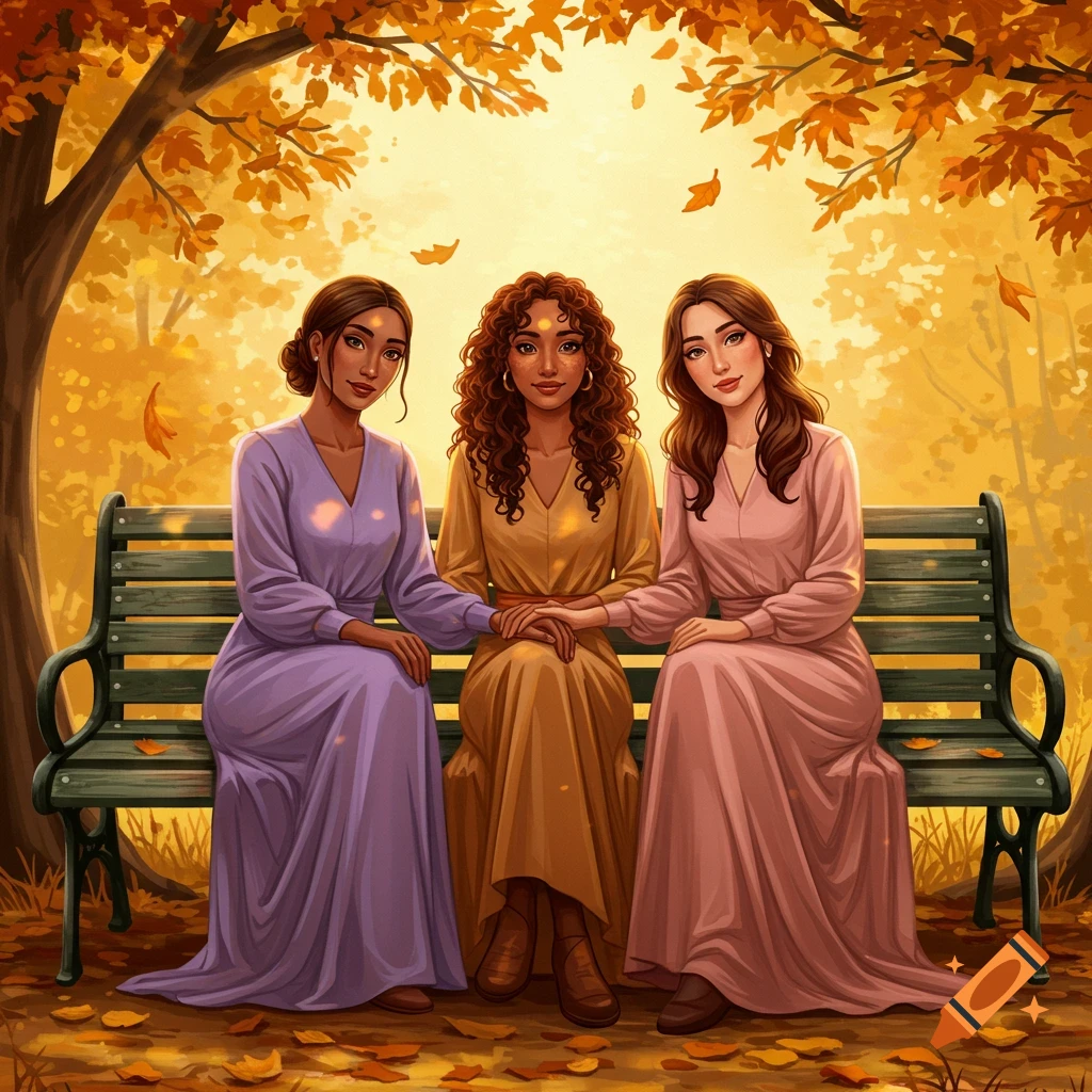 Three women in long dresses sit on a park bench under an autumn tree, holding hands, in an illustrative style.