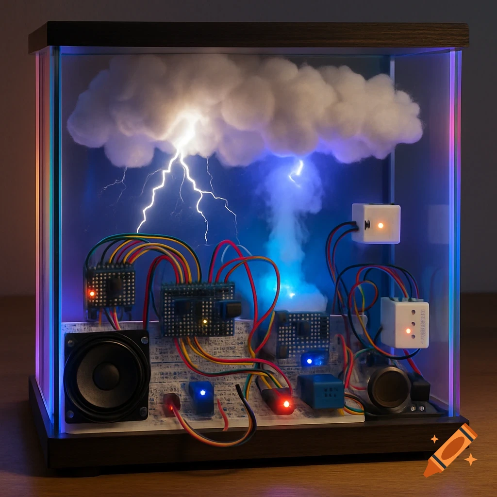 A diorama showing a storm in a box with a cotton cloud, lightning, fog, and electronic components like circuit boards and wires.