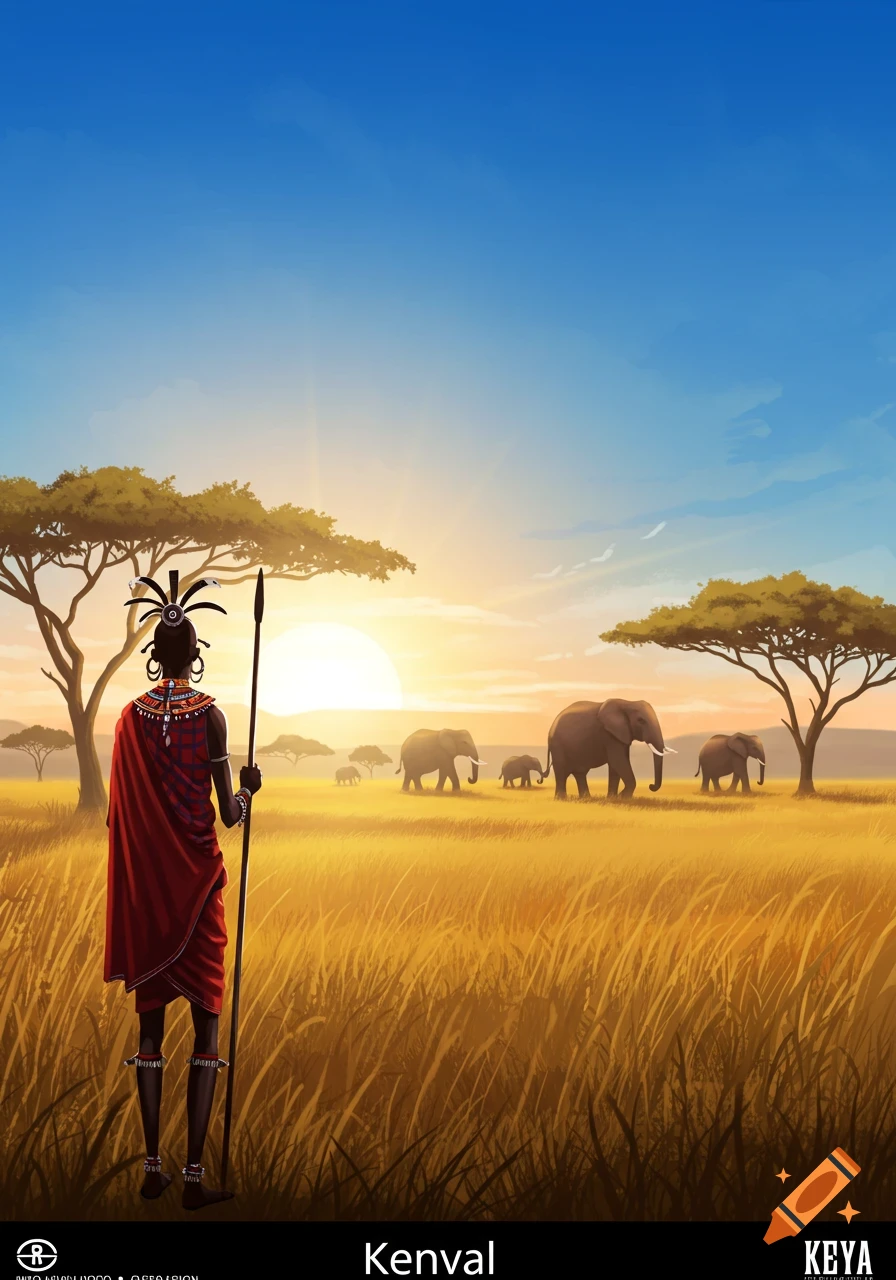 A person in traditional Maasai attire, holding a spear, watches a herd of elephants walk across a golden savanna at sunset in a stylized illustration.