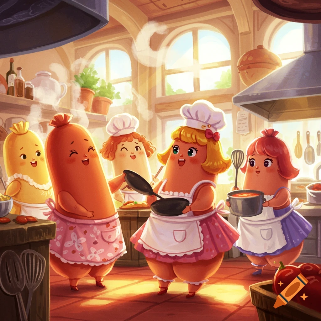 Five cartoon sausage characters, some with chef hats and aprons, cooking in a warm, sunny kitchen.