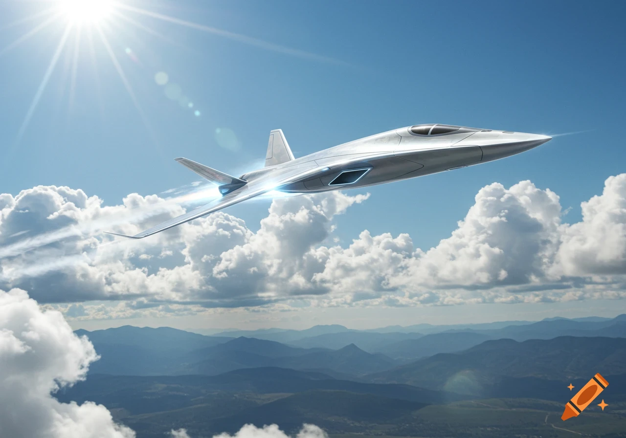 A sleek silver futuristic jet airplane soars through a bright blue sky with white clouds above distant mountains, sun shining.