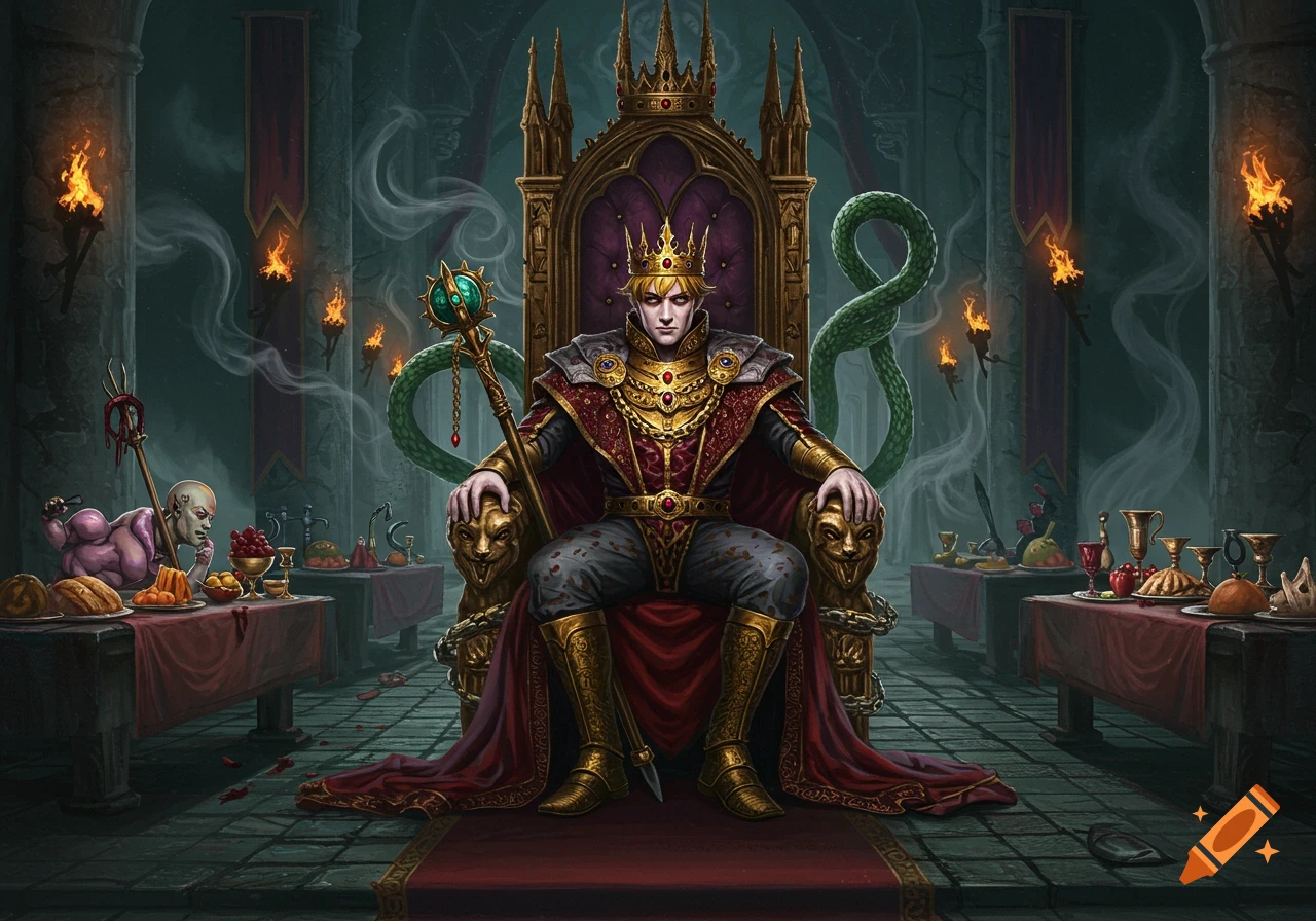 A king in elaborate red and gold robes sits on a gothic throne in a dark, torch-lit hall with green snakes and strange creatures on tables. Illustration.