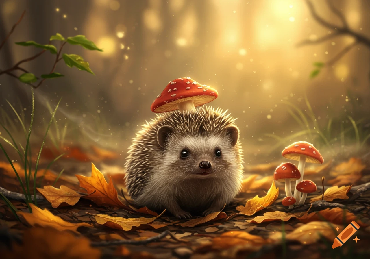 A cute hedgehog with a red mushroom on its head sits amongst autumn leaves and smaller mushrooms in a glowing, whimsical forest.