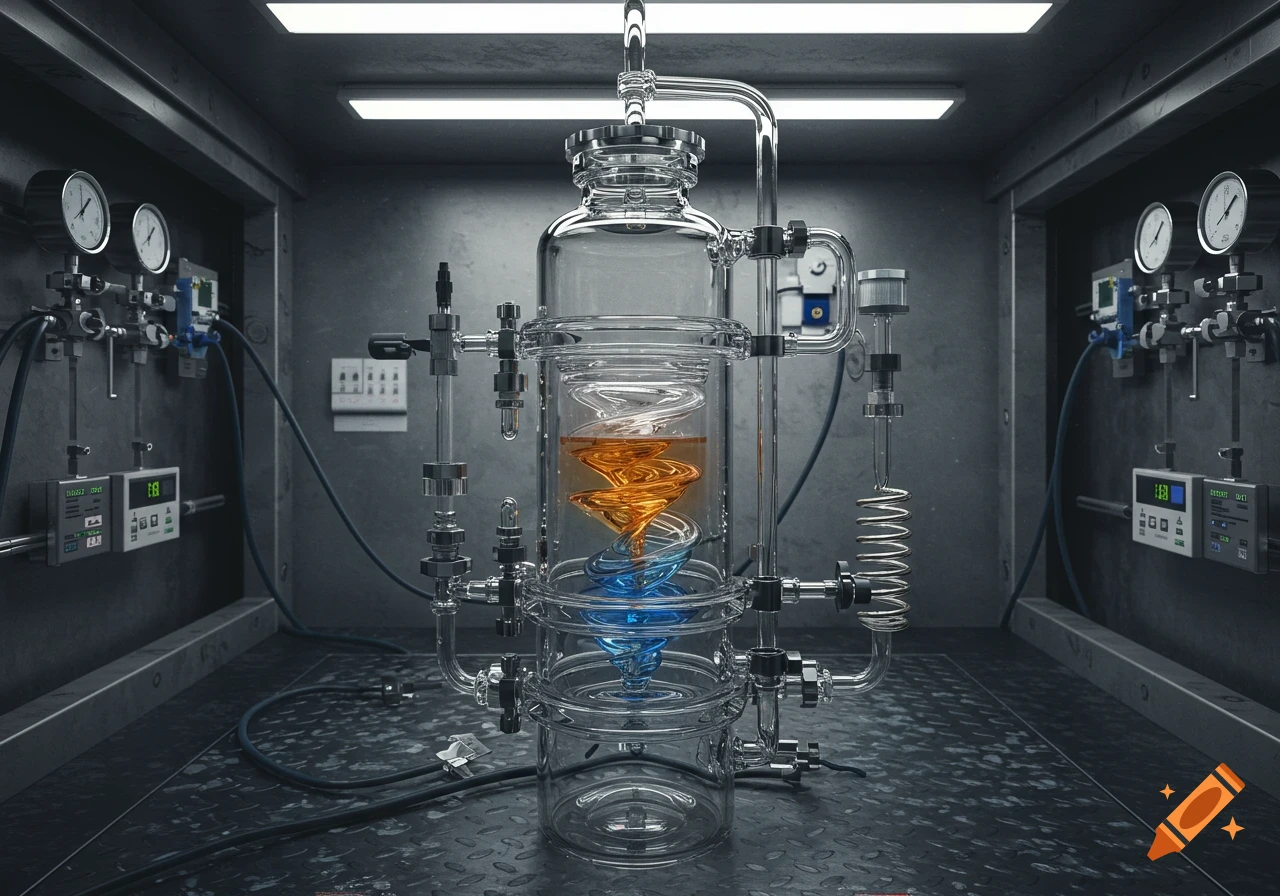 Photorealistic glass jacketed reactor with swirling orange and blue liquids in a dimly lit industrial lab, surrounded by gauges and pipes.