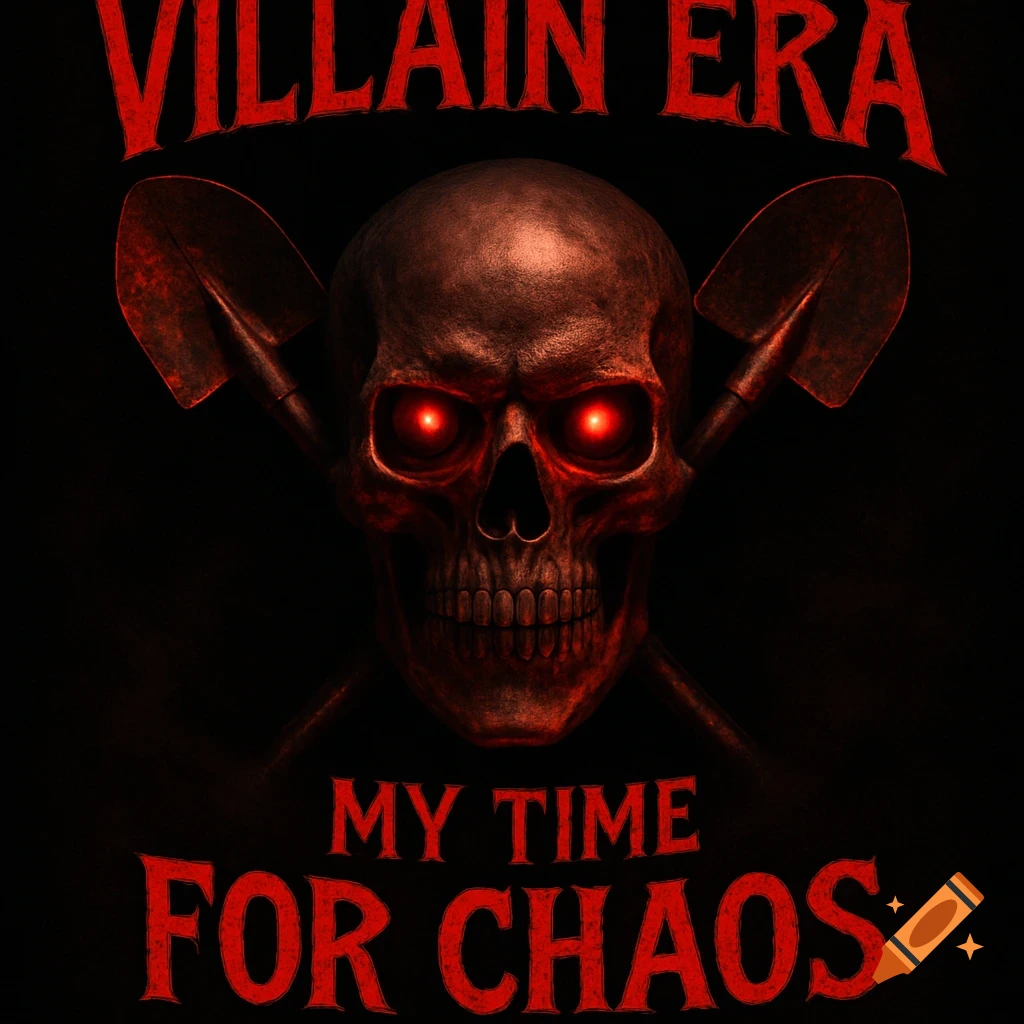 A spooky red skull with glowing red eyes, crossed shovels behind it, and text 'VILLAIN ERA' above and 'MY TIME FOR CHAOS' below, all on a black background.