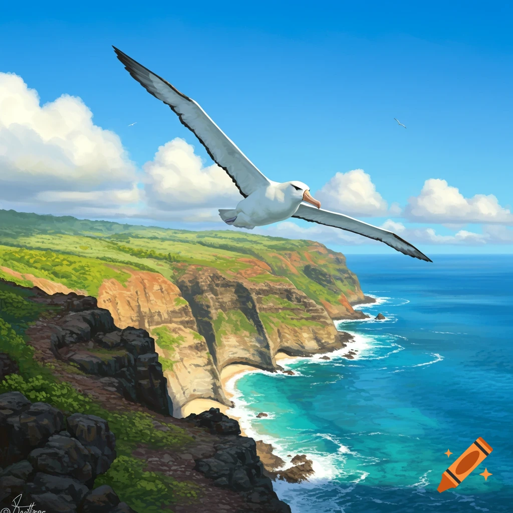 Illustrative painting of a white albatross soaring above vibrant green cliffs and a turquoise ocean with a sandy beach under a blue sky.