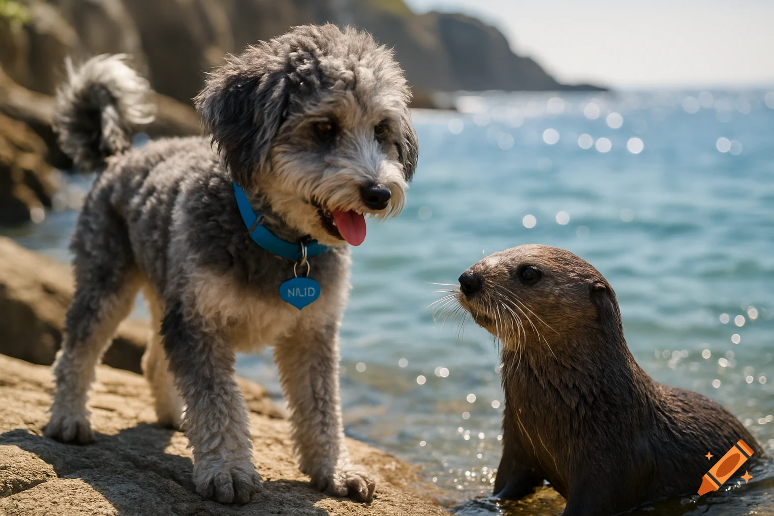 A grey and white Ausiedoodle dog on rocks looks at a sea otter partially submerged in clear blue ocean water.