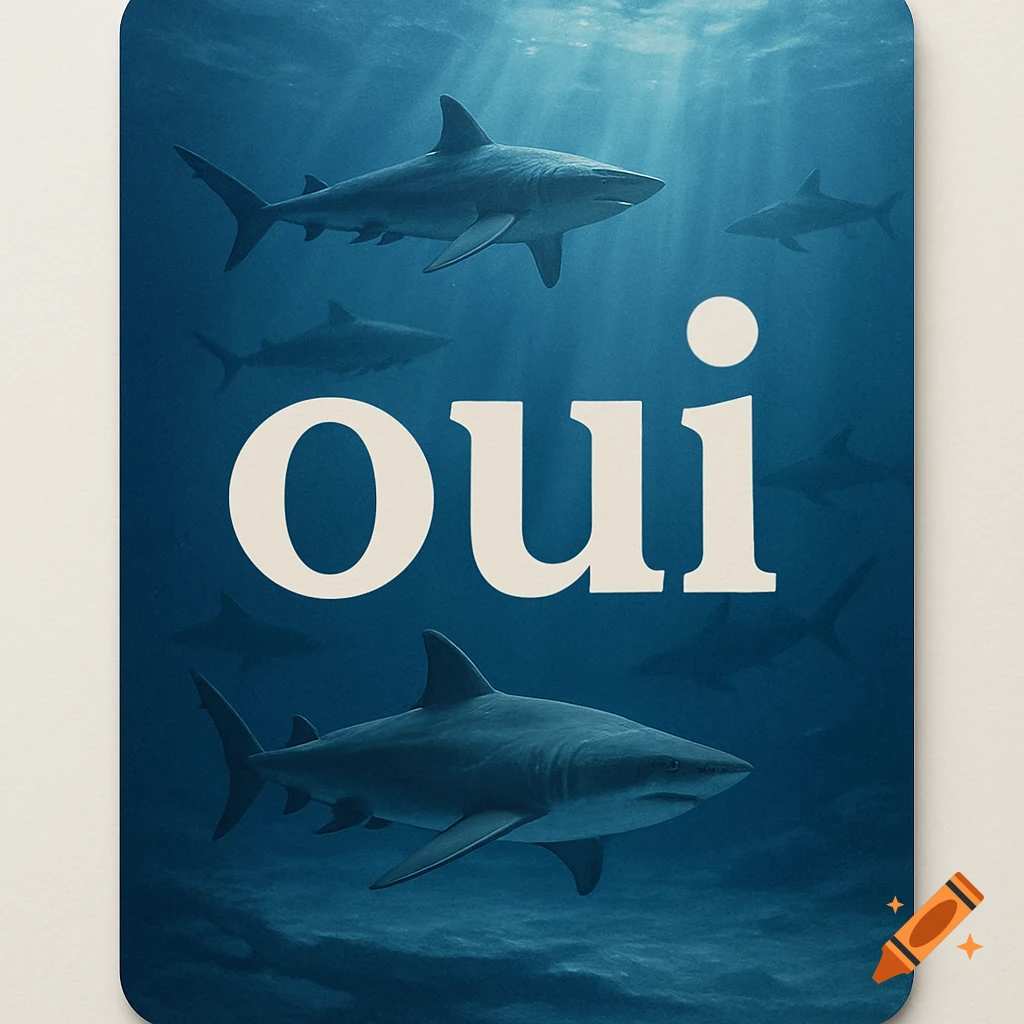 Several photorealistic sharks swim in deep blue water with sun rays, featuring the large word 'oui' in the center.