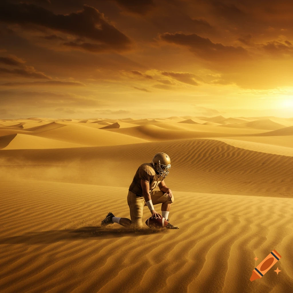 A photorealistic image of an American football player kneeling in a vast desert with dunes under a dramatic sunset sky.